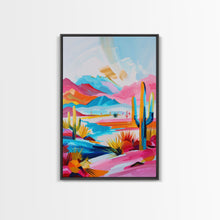 Load image into Gallery viewer, Colorful Mission Style Church Illustration - Framed Canvas Print, Vibrant Church Art, Living Room Decor, Architectural Wall Art
