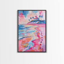 Load image into Gallery viewer, Colorful Tropical Beach Scene with Palm Tree - Framed Canvas Print, Vibrant Coastal Art, Living Room Decor, Beach Wall Art
