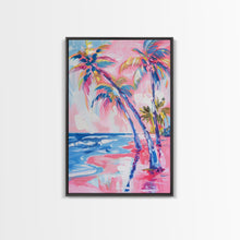 Load image into Gallery viewer, Vibrant Palm Trees and Ocean Waves in Abstract Style - Framed Canvas Print, Coastal Wall Art, Tropical Beach Decor for Living Room

