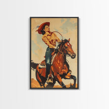Load image into Gallery viewer, Dynamic Cowgirl on Horseback in Action | Framed Canvas Print | Western Wall Art | Living Room Decor | Rustic Home Decor
