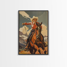 Load image into Gallery viewer, Brave Cowgirl in Mountains with Horse | Framed Canvas Print | Western Wall Art | Living Room Decor | Rustic Home Decor
