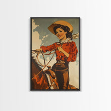 Cargar imagen en el visor de la galería, Classic Cowgirl with Red Outfit on Horse | Framed Canvas Print | Western Wall Art | Living Room Decor | Rustic Home Decor
