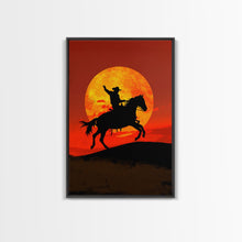 Load image into Gallery viewer, Cowboy Silhouette on Horseback at Sunset | Framed Canvas Print | Western Landscape Art | Rustic Cowboy Wall Art for Living Room
