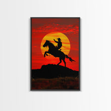 Load image into Gallery viewer, Dynamic Cowboy Horse Ride Silhouette at Sunset | Framed Canvas Print | Western Wall Art | Sunset Horseback Wall Art for Home Decor
