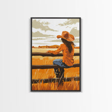 Cargar imagen en el visor de la galería, Contemplative Cowgirl on Fence Framed Canvas Print - Serene Western Decor, Country Wall Art for Living Room, Bedroom Artwork
