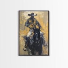 Load image into Gallery viewer, Cowboy in Full Gear Riding Horse - Framed Canvas Print, Western Wall Art, Rustic Decor, Living Room and Bedroom Art Print
