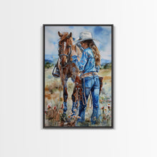 Load image into Gallery viewer, Cowboy on Rearing Horse Silhouette - Framed Canvas Print, Western Wall Art, Rustic Decor, Living Room and Bedroom Art Print
