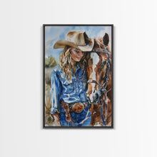 Load image into Gallery viewer, Cowgirl Preparing Horse for Ride - Framed Canvas Print, Western Wall Art, Rustic Decor, Living Room and Bedroom Art Print
