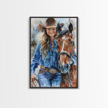 Load image into Gallery viewer, Cowgirl Embracing Horse with Hat - Framed Canvas Print, Western Wall Art, Rustic Decor, Living Room and Bedroom Art Print
