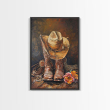 Load image into Gallery viewer, Cowboy Boots and Hat with Flowers Art - Framed Canvas Print, Rustic Wall Decor, Western Bedroom Art, Cowboy Home Decoration
