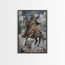 Load image into Gallery viewer, Framed Canvas Print, Cowboy Riding Horse with Gun Wall Art, Western Style Artwork for Living Room or Bedroom Decor, Dynamic Home Art Piece
