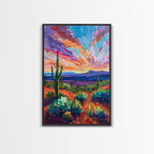 Load image into Gallery viewer, Framed Canvas Print, Cacti and Mountains at Sunset Wall Art, Vibrant Southwest Decor for Living Room or Bedroom, Nature Art Decoration Piece
