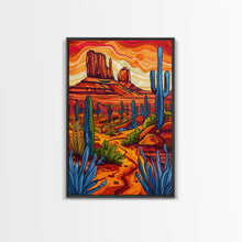 Carregar imagem no visualizador da galeria, Framed Canvas Print, Vibrant Desert Scene with Cacti and Mesas, Perfect Southwest Wall Art for Living Room or Bedroom Decor
