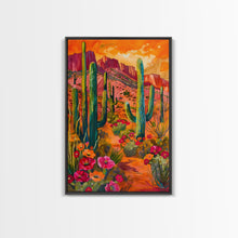 Load image into Gallery viewer, Framed Canvas Print, Vibrant Desert Scene with Saguaro Cacti and Flowers, Unique Wall Art for Living Room or Bedroom

