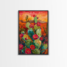 Load image into Gallery viewer, Framed Canvas Print, Blooming Cacti in Desert Sunset, Stunning Wall Art for Living Room or Bedroom Decor
