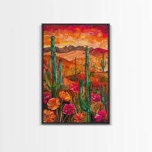 Carregar imagem no visualizador da galeria, Framed Canvas Print, Vibrant Desert Landscape with Flowers and Cacti, Perfect Wall Art for Living Room or Bedroom Decor
