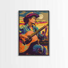 Load image into Gallery viewer, Country Cowboy playing guitar under a colorful sunset, pop art style Framed Canvas Print - music decor, country music art, vibrant wall art
