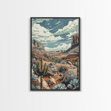 Carregar imagem no visualizador da galeria, Vintage Western Desert Landscape Art Print, Retro Cactus Framed Canvas, Scenic Southwest Artwork, Unique Desert Wall Decor
