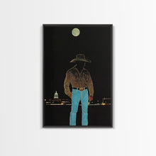 Load image into Gallery viewer, Cowboy Under the Moon Print - Framed Canvas Wall Art, Rustic Western Decor, Nighttime Cowboy Artwork for Living Room, Western Night Sky
