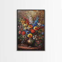 Load image into Gallery viewer, Bold Flower Bouquet Art on Dark Background - Framed Canvas Print, Vibrant Floral Wall Art for Living Room, Modern Artwork, Flower Decor
