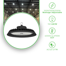 Cargar imagen en el visor de la galería, 200W Tunable LED UFO Light Fixture for Warehouse - 150LM/W, Dimmable, 5000K CCT, Commercial Industrial Lighting
