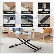 Load image into Gallery viewer, Modern minimalist multifunctional lifting table, 0.8-inch wood grain craft sticker desktop, black metal legs. Paired with 4 faux leather upholstered dining chairs with black metal legs
