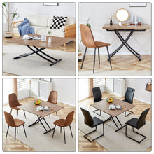 Load image into Gallery viewer, Modern minimalist multifunctional lifting table, 0.8-inch wood grain craft sticker desktop, black metal legs. Paired with 4 faux leather upholstered dining chairs with black metal legs
