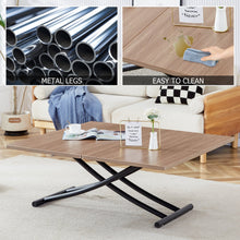 Load image into Gallery viewer, Modern minimalist multifunctional lifting table, 0.8-inch wood grain craft sticker desktop, black metal legs. Paired with 4 faux leather upholstered dining chairs with black metal legs
