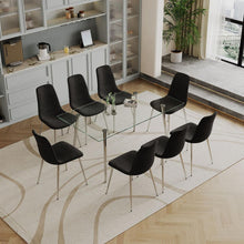Load image into Gallery viewer, Dining Table Set of 9, 0.32&quot; Thick Tempered Glass Top Dining Table with Metal Legs and Eight Fabric Dining Chairs, Table Size: 62.99&quot; L x 35.43&quot; W x 29.92&quot; H
