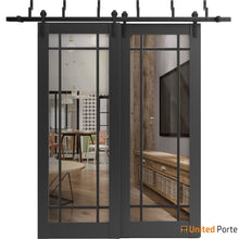 Carregar imagem no visualizador da galeria, Lucia 2266 Matte Black Double Barn Door with Clear Glass and Black Bypass Rails
