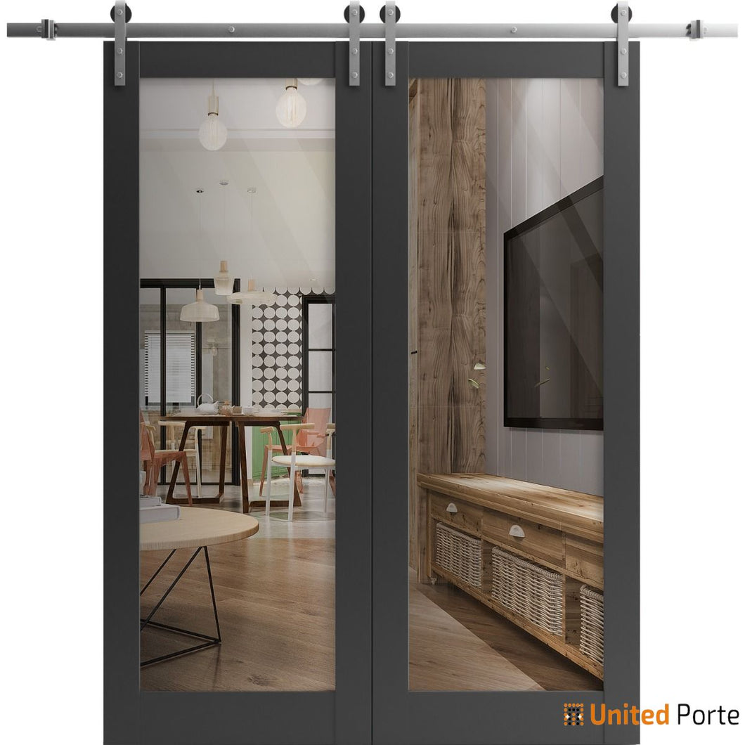 Lucia 2166 Matte Black Double Barn Door with Clear Glass and Silver Rail