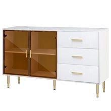 Load image into Gallery viewer, Modern Sideboard MDF Buffet Cabinet Marble Sticker Tabletop and Amber-yellow Tempered Glass Doors with Gold Metal Legs &amp; Handles (White)
