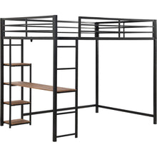 Load image into Gallery viewer, Full Size Metal Loft Bed with Built-in Desk and Storage Shelves, Black
