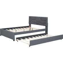 Carregar imagem no visualizador da galeria, Full Size Upholstered Platform Bed with Brick Pattern Headboard and Twin Size Trundle, Linen Fabric, Gray
