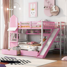 Carregar imagem no visualizador da galeria, Full-Over-Full Castle Style Bunk Bed with 2 Drawers 3 Shelves and Slide - Pink
