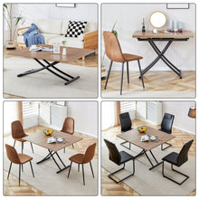 Carregar imagem no visualizador da galeria, Modern minimalist multifunctional lifting table, 0.8-inch wood grain craft sticker desktop, black metal legs. Paired with 4 faux leather upholstered dining chairs with black metal legs
