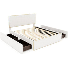 Load image into Gallery viewer, Full Size Upholstered Platform Bed with 4 Drawers and Golden Edge on the Headboard &amp; Footboard, White
