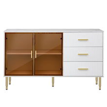 Load image into Gallery viewer, Modern Sideboard MDF Buffet Cabinet Marble Sticker Tabletop and Amber-yellow Tempered Glass Doors with Gold Metal Legs &amp; Handles (White)
