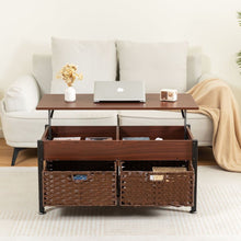 Load image into Gallery viewer, Metal coffee table,desk,with a lifting table,and hidden storage space.There were two removable wicker baskets that could be placed in any space such as the living room,color:brownwith solid wood grain
