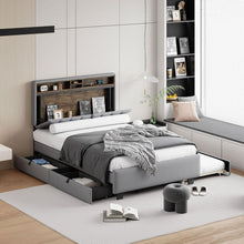 Load image into Gallery viewer, Full size Upholstered Platform Bed with Storage Headboard, Twin Size Trundle &amp; 2 drawers and a set of Sockets &amp; USB Ports, Linen Fabric, Gray
