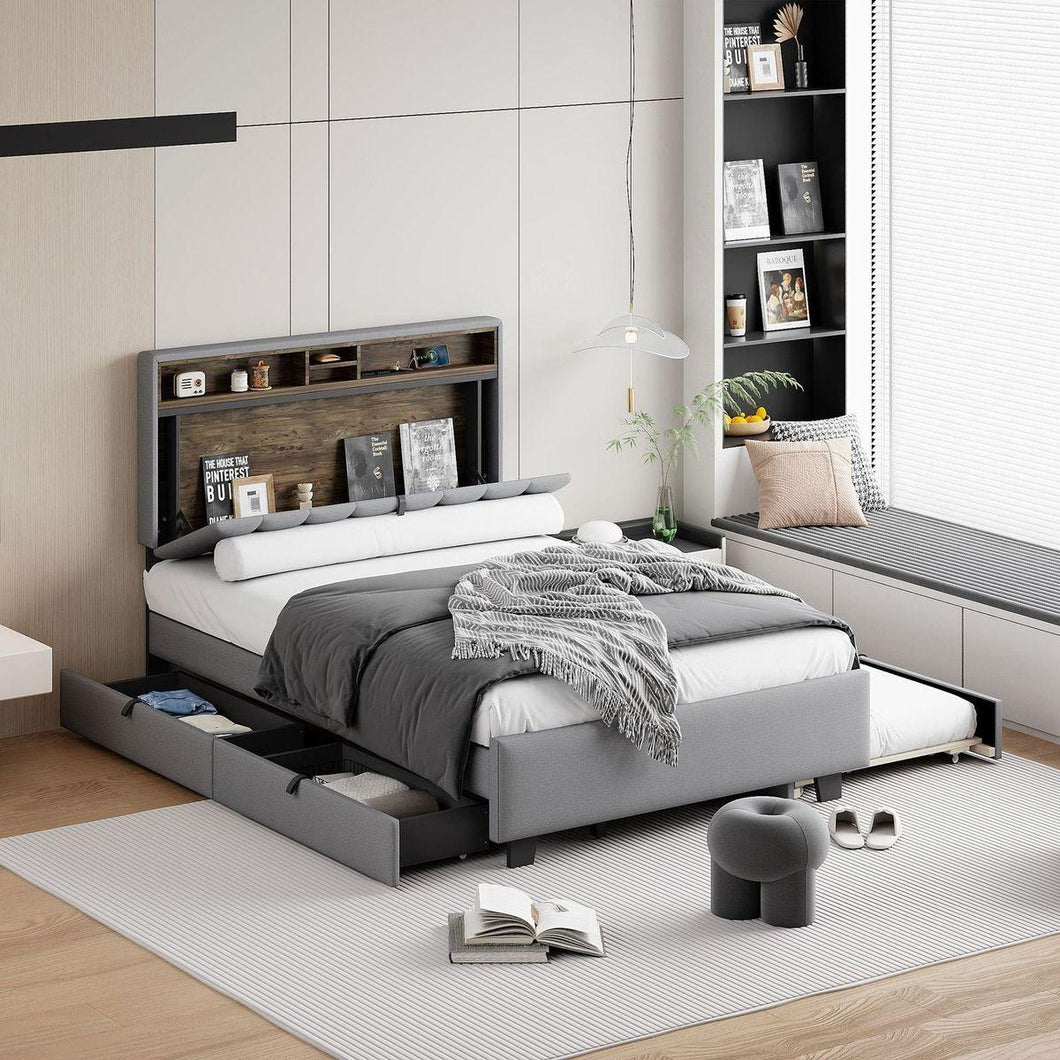 Full size Upholstered Platform Bed with Storage Headboard, Twin Size Trundle & 2 drawers and a set of Sockets & USB Ports, Linen Fabric, Gray