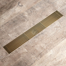 Load image into Gallery viewer, Brushed gold Linear shower drain stainless steel material 35.4 inch with grid cover with hair strainer and adjustment feet
