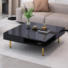 Carregar imagem no visualizador da galeria, Exquisite High Gloss Coffee Table with 4 Golden Legs and 2 Small Drawers, 2-Tier Square Center Table for Living Room, Black
