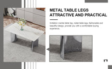 Load image into Gallery viewer, Modern minimalist dining table. Imitation marble glass sticker desktop, stainless steel legs, stable and beautiful. 4 white PU seats. 63 &quot;x 35.4&quot; x 29.5 &quot;DT-69
