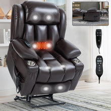 Load image into Gallery viewer, Dual Motor Infinite Position Up to 350 LBS Leatheraire Power Lift Recliner Chair, Heavy Duty Motion Mechanism with 8-Point Vibration Massage and Lumbar Heating, Stainless steel Cup Holders, Brown
