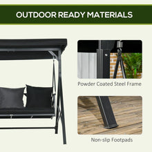 Carregar imagem no visualizador da galeria, 3-Seat Patio Swing Chair, Porch Swing Glider with Cushion, 3 Throw Pillows &amp; Adjustable Canopy for Porch, Garden, Poolside, Backyard, Black
