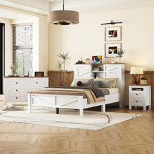 Load image into Gallery viewer, 3-Pieces Bedroom Sets Full Size Farmhouse Platform Bed with Double Sliding Door Storage Headboard and Charging Station, Storage Nightstand and Dresser, White+Brown
