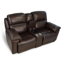 Carregar imagem no visualizador da galeria, Timo Top Grain Leather Power Reclining Loveseat With Console Adjustable Headrest Storage Steel Cup Holders Cross Stitching
