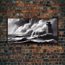 Load image into Gallery viewer, Lighthouse in a storm, black and white, tsunami waves, framed canvas print, ready to hang framed wall art
