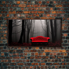 Load image into Gallery viewer, Red Sofa In A Forest Framed Canvas Print, Thought Provoking Art, Framed Art, Creepy Photography, Halloween Art
